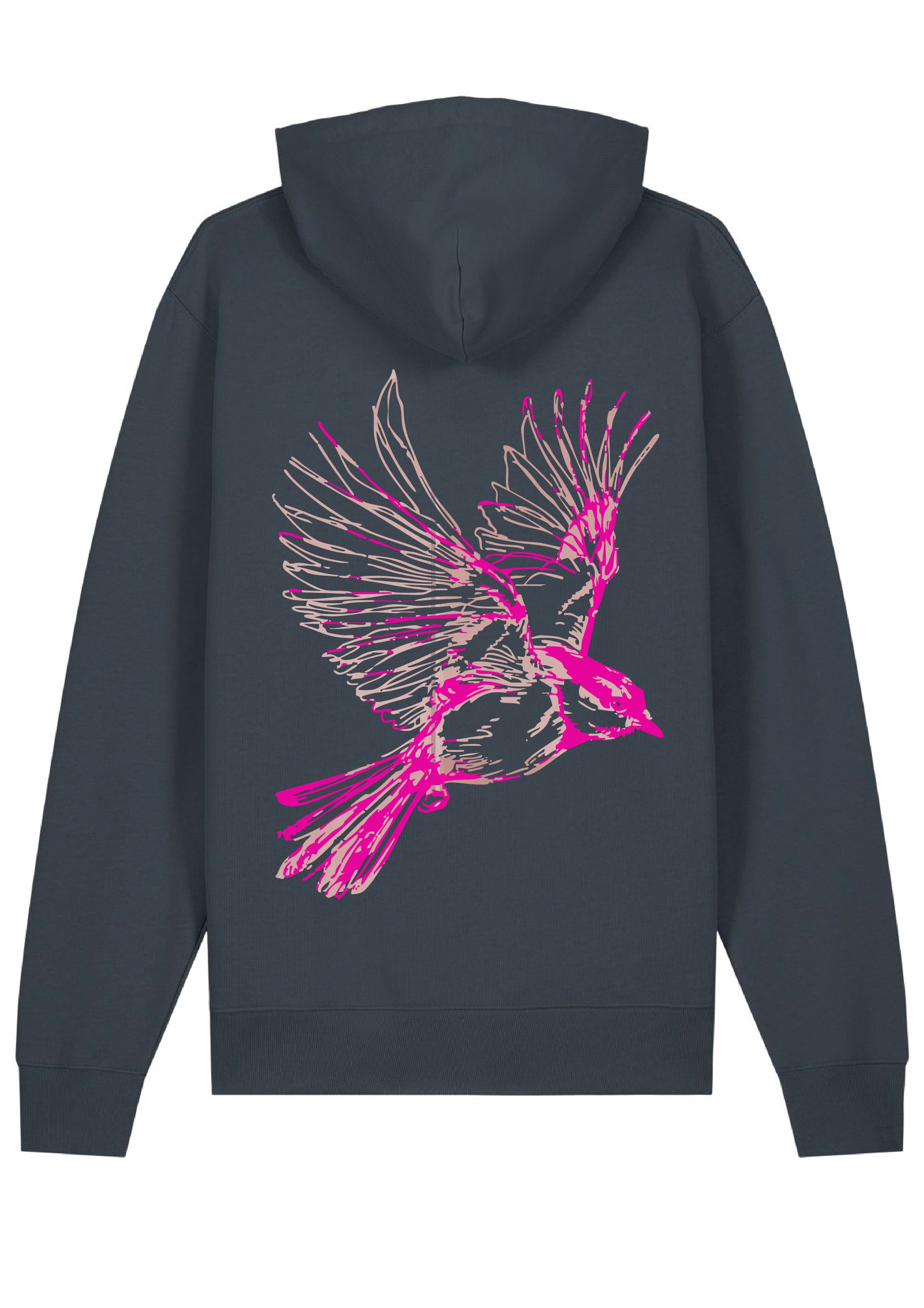 Hoodie with a bird in flight printed on the back panel.