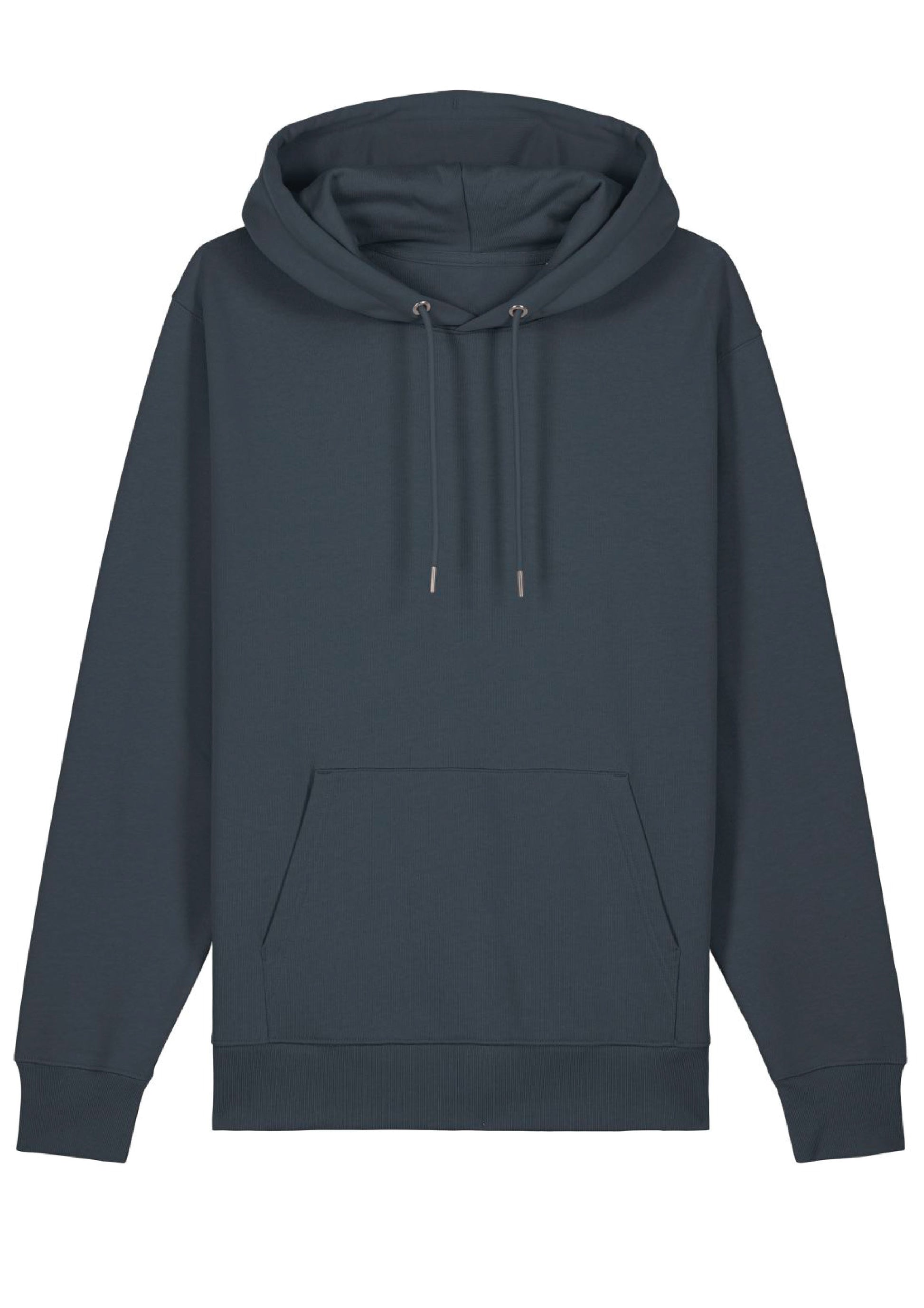 Steel blue hoodie, plain front.