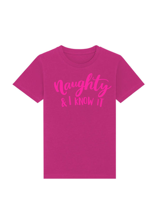 Children's t-shirt with Naughty & I Know It printed on the chest.