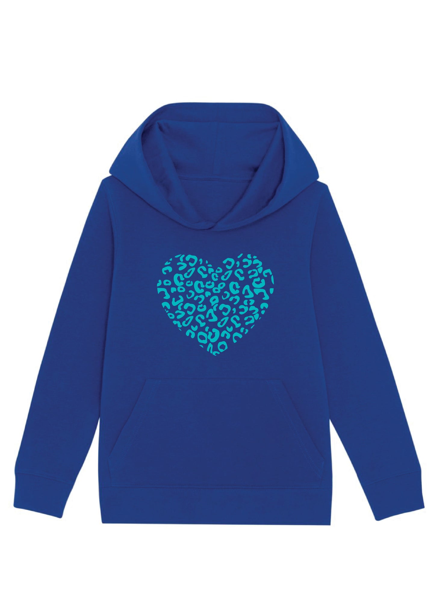 Children's blue hoodie with leopard printed heart on chest.