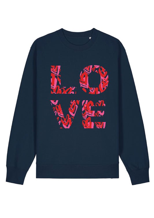 Navy sweatshirt printed with the word Love.