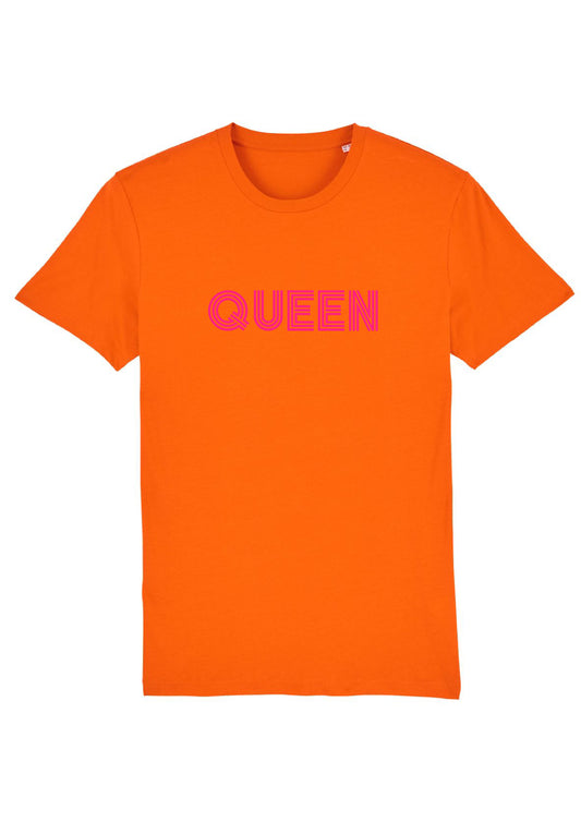 Orange t-shirt with the word Queen printed across the chest in neon pink.