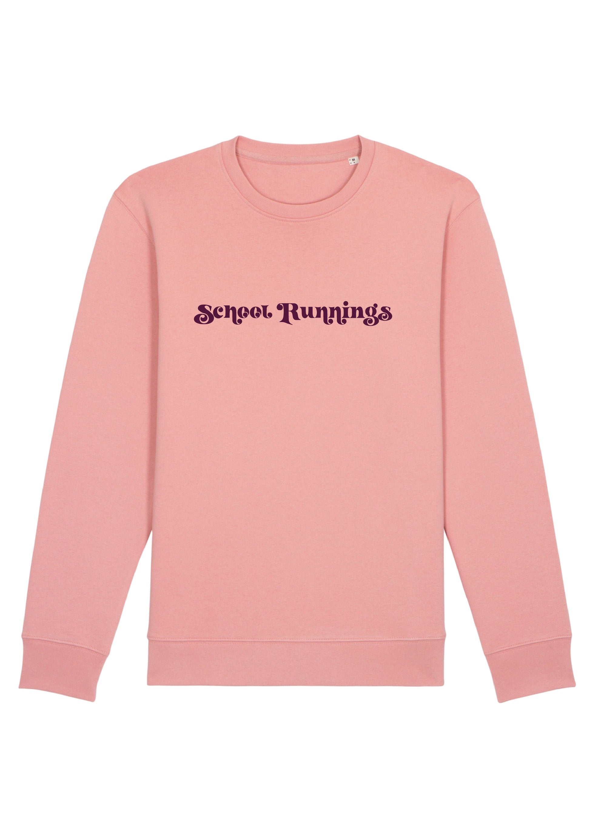 Pink sweatshirt with school runnings print on the front.